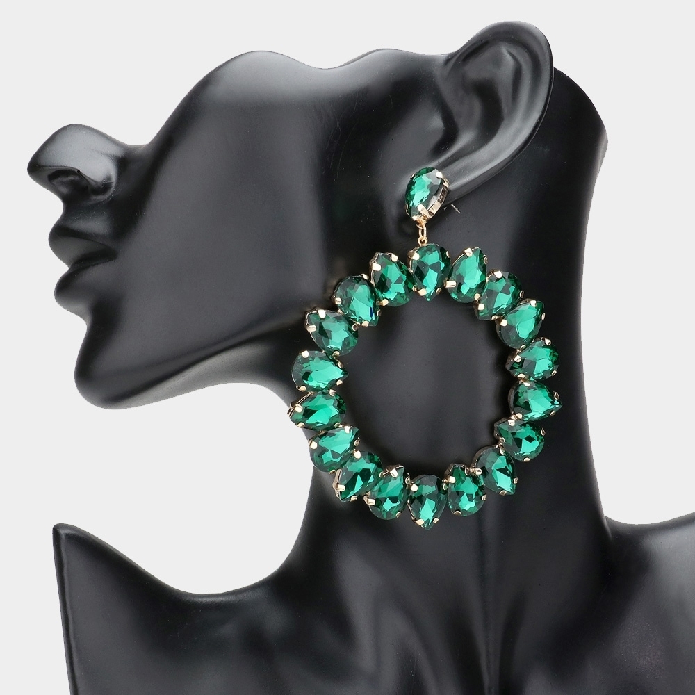 Big Emerald Green Open Circle Glass Teardrop Crystal Dangle Earrings Gold